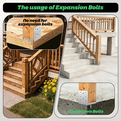 Heavy Duty 4x4 Post Base Bracket Set Stainless Steel Adjustable Anchor Plate showing railing installation usage