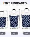 Large Collapsible Laundry Basket With Tall Aluminum Soft Grip Handles Waterproof Hamper 75L Capacity For Travel And College Dorms The Ultimate Laundry Storage For Bathroom And Family Blue shown with size options 75L, 82L, and 115L