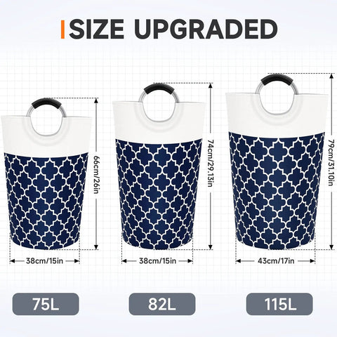 Large Collapsible Laundry Basket With Tall Aluminum Soft Grip Handles Waterproof Hamper 75L Capacity For Travel And College Dorms The Ultimate Laundry Storage For Bathroom And Family Blue shown with size options 75L, 82L, and 115L
