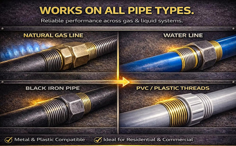 Image showing All Purpose Pipe Dope Pro Grade Thread Sealant With High Viscosity And Low Odor For All Piping Types Soft Set Formula Yellow 1 Fl Oz Tube Safe For Potable Water And Natural Gas Lines applied on various pipe types including natural gas, water, black iron, and PVC/plastic threads.