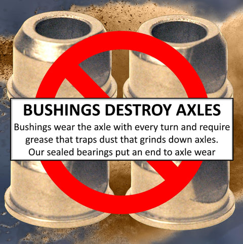 Warning sign about bushings damaging axles from HD Switch Wheel Bushing To Bearing Conversion Kit description.
