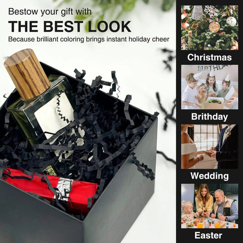 One Pound Crinkle Cut Paper Shred Filler For Gift Boxes Baskets And Bags Perfect For Holidays Parties Sub Boxes And Mailers Eco Friendly Recyclable Black Shredded Paper Packaging Filler in gift box with bottle