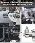 Exhaust Manifold Repair Clamp Kit 926-610 for 5.3L 6.2L V8 engines, shown installed on engine and in detail view.