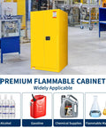 Heavy Duty Flammable Storage Cabinet 60 Gallon Double Wall Safety Vault Premium Industrial Fire Resistant Chemical Locker With Easy Open Door in yellow, suitable for workshop use.
