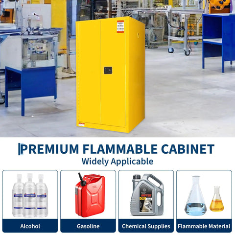 Heavy Duty Flammable Storage Cabinet 60 Gallon Double Wall Safety Vault Premium Industrial Fire Resistant Chemical Locker With Easy Open Door in yellow, suitable for workshop use.