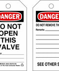 Self Laminating Tags Set Of 10 In Economy Polyester B851 Black Red On White Do Not Open Do Not Close Valve Labels With Five And Three Quarters Inch Height And Three Inch Width For Hassle Free Personalization And Clear Hazard Warnings. Self-laminating valve warning tags, front and back views
