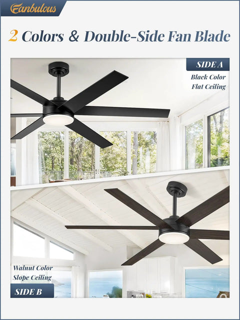 Straight Up Quality Cooling Hits Right In The Center With This 60 Inch Ceiling Fan With Light And Remote 6 Speed Operation 6 Blades Year Round Fresh Air Smooth Dimming Three Color Glow Heavy Duty Dc Motor For Covered Patios, showing black and walnut blade options.