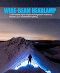 Person wearing Ultra Bright 1000 Lumen USB Rechargeable Headlamp With 230 Degree Broadbeam And Red Taillight on a snowy peak at night