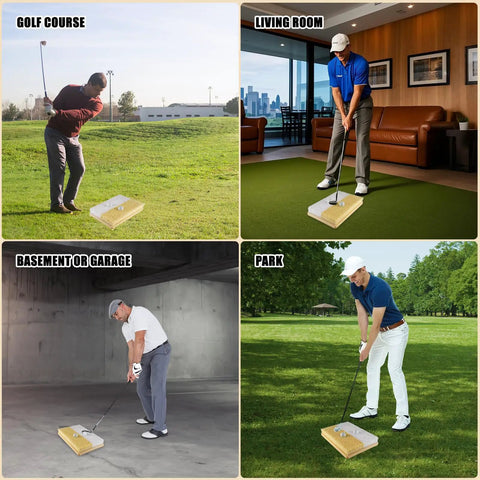 Players practicing on dual sand trap golf practice mat nails realistic bunker shots with shallow and deep sand simulations.