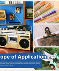 Retro tape recorder, colorful pens, metal clip, and pruning shears to illustrate diverse applications of Tower Conical Spring Set 148-Piece