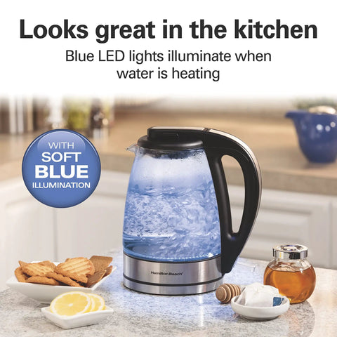 Glass Electric Tea Kettle 1 Liter 1500W Fast Boil Cordless Pour-Over With Auto Shutoff Boil-Dry Protection BPA Free Soft Blue LED
