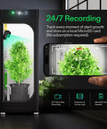 2K QHD Smart Grow Camera with 2.4GHz WiFi capturing plant in indoor tent, showing timelapse and SD storage option on phone screen.