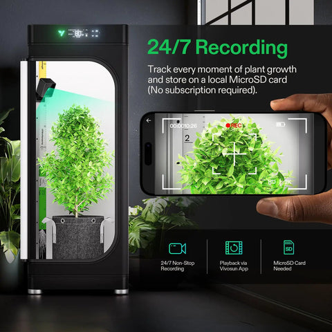 2K QHD Smart Grow Camera with 2.4GHz WiFi capturing plant in indoor tent, showing timelapse and SD storage option on phone screen.