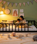 Mother and child on Toddler Floor Bed With Guardrails And Door Kid Friendly Twin Size Montessori Bed For Two To Five Year Olds