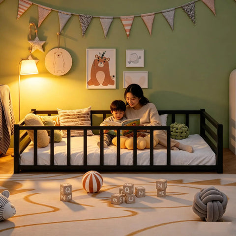 Mother and child on Toddler Floor Bed With Guardrails And Door Kid Friendly Twin Size Montessori Bed For Two To Five Year Olds