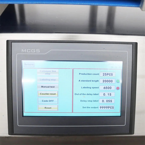 Digital control panel displaying settings for Automatic Desktop Conveyor Labeler 110V Works Like A Charm For Crisp Flat Applications 25-50 Pcs Per Min