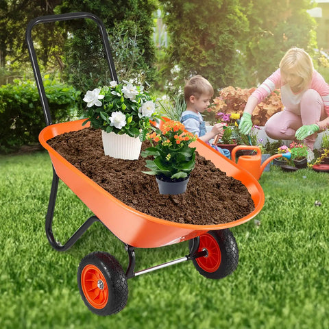 Heavy Duty Workhorse Garden Dump Cart With 5 Cu Ft Load And 397 Lb Capacity Two Wheel Wheelbarrow Easy Dump Design 10 Inch Wide Track Wheels Yard Wagon With Handle For Outdoor Lawn And Yard Use filled with soil and plants