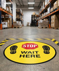 Five Pack Stop Here Floor Signs 18 Inch Round Vinyl Anti Slip High Visibility Stickers For Quick Queue Control And Social Distancing In Busy Places No Fuss in warehouse aisle