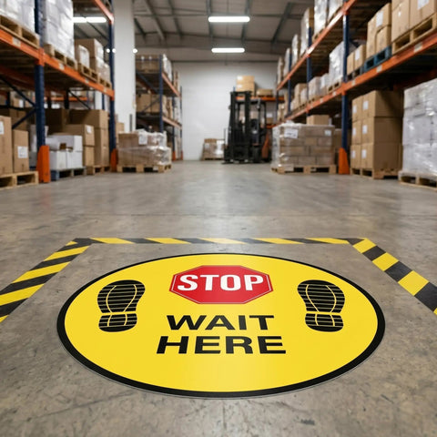 Five Pack Stop Here Floor Signs 18 Inch Round Vinyl Anti Slip High Visibility Stickers For Quick Queue Control And Social Distancing In Busy Places No Fuss in warehouse aisle