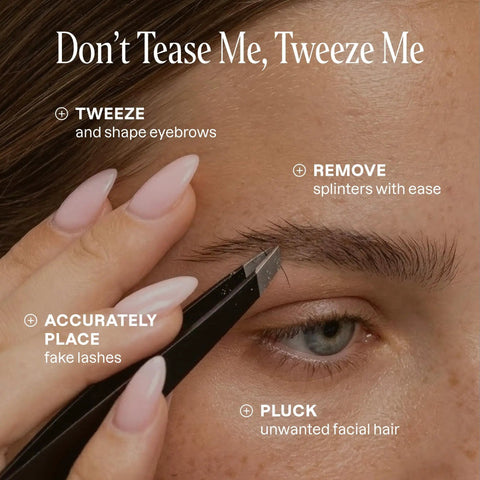 Close-up of woman using eyebrow tweezers set with slant and point tips for precision hair removal stainless steel easy grip
