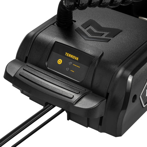 Terrova QUEST Bow Mount Electric Trolling Motor Featuring Slick Brushless Drive And Built In Chirp Sonar control panel view with buttons.