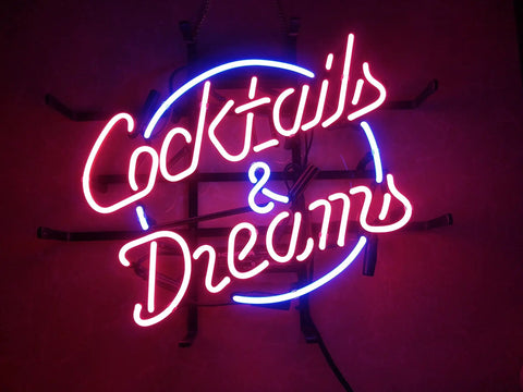 Real Glass Neon Light Sign For Home Bar And Pub Vibe, 17x14 Inch Wall Mount Neon Tube Sign, "Cocktails & Dreams" design