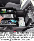 Center Console Organizer Tray For Full Size Trucks Fits Silverado 1500 Sierra 2500HD 3500HD With Bucket Seats Black Durable ABS Plastic Easy Install In Cabin Storage Boost For Your Ride shown installed in truck cabin with items.