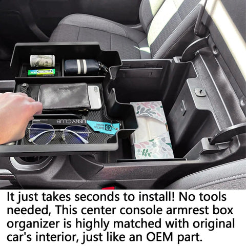 Center Console Organizer Tray For Full Size Trucks Fits Silverado 1500 Sierra 2500HD 3500HD With Bucket Seats Black Durable ABS Plastic Easy Install In Cabin Storage Boost For Your Ride shown installed in truck cabin with items.