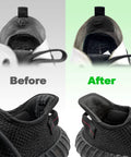 Sneaker Hole Repair Patch Kit For Toe And Heel Wear Prevention, Quick Patch Inserts, Black, showing before and after shoe repair.