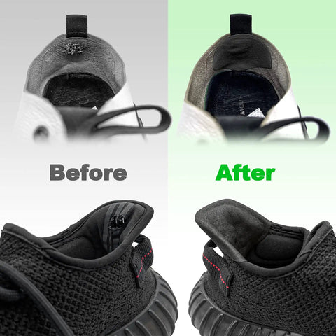 Sneaker Hole Repair Patch Kit For Toe And Heel Wear Prevention, Quick Patch Inserts, Black, showing before and after shoe repair.
