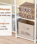 The Go To Portable Wardrobe Closet And Clothes Rack With Four Tier Shelves showing open storage area with decorative boxes.