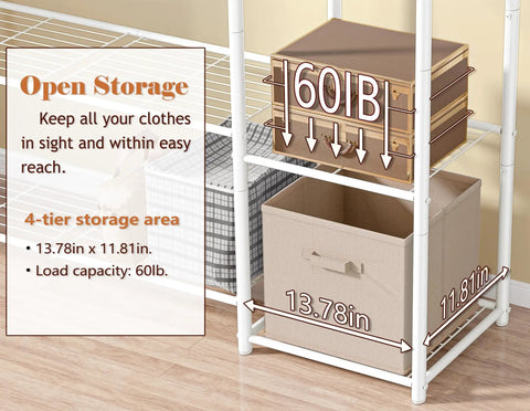 The Go To Portable Wardrobe Closet And Clothes Rack With Four Tier Shelves showing open storage area with decorative boxes.