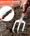 Beast Mode Heavy Duty Hand Cultivator With Ergonomic Handle Three Claw Garden Rake in soil showing non-slip grip