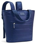 Insulated Leakproof Cooler Backpack For Women Soft 12 Can Lunch Tote Navy shown closed, featuring zip pocket, travel ready