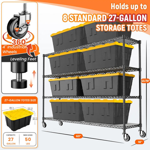 Beefy 60 Inch Wire Shelving With Wheels Heavy Duty Garage Shelving Rack On Casters Adjustable Wire Shelves With Liners Fits 27 Gallon Totes Ideal For Commercial And Warehouse Storage, holds 8 totes