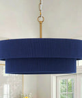 ELYCCUPA 20” Navy Blue Boho Hand Woven Pendant Light Brass Adjustable Coastal Chandelier for Dining Living Room Kitchen Bedroom, UL Listed, shown in a bright interior.