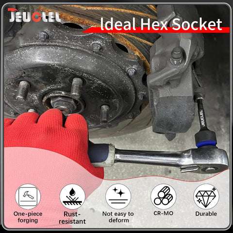 14mm Hex Impact Socket Two Pack, 1/2 Inch Drive, Lengthened Cr-Mo Steel H14 Allen Socket Adapter For Electric Ratchets And Impact Wrenches, Long Reach Hex Bit For Quick, Heavy Duty Fastener Tightening being used on a brake assembly with a hand in a red glove.