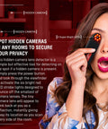Woman using Hidden Camera Detector And Spy Camera Finder For Hotels And Travel, Portable Optical Lens Detector with LED lights.