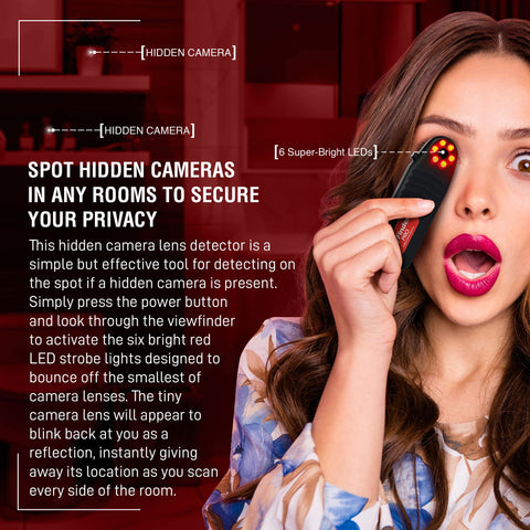 Woman using Hidden Camera Detector And Spy Camera Finder For Hotels And Travel, Portable Optical Lens Detector with LED lights.