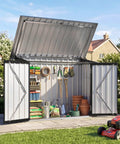 Heavy Duty 35 Cu Ft Outdoor Storage Box With Hydraulic Lift Lid And Lockable Doors, garden tools and pots in view