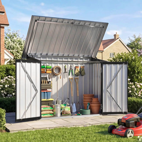 Heavy Duty 35 Cu Ft Outdoor Storage Box With Hydraulic Lift Lid And Lockable Doors, garden tools and pots in view