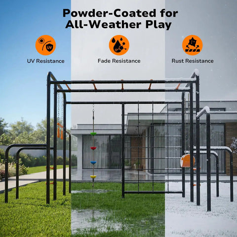 Outdoor Jungle Gym With Monkey Bars Frame 5 In 1 Heavy Duty Metal Swing Set showing UV, fade, rust resistance in backyard