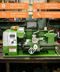 WYDDDARY Eight By Sixteen Inch Precision Benchtop Metal Lathe With Digital Readout DRO And Electronic Variable Speed Control on workbench.