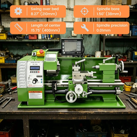 WYDDDARY Eight By Sixteen Inch Precision Benchtop Metal Lathe With Digital Readout DRO And Electronic Variable Speed Control on workbench.