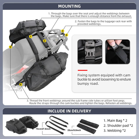 48L Waterproof Motorcycle Saddlebags Set For Adventure And Sport Rides showing mounting instructions and cam buckle detail.