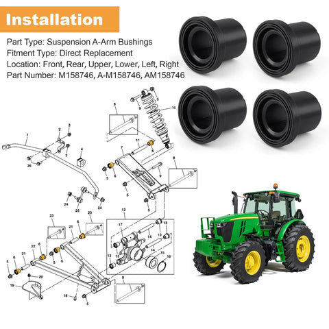 Badass 4 Piece Flanged Sleeve Control Arm Bushings Suspension Isolators Zero Slack Build, black rubber bushings for John Deere models.