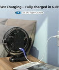 All Day Cool On The Go Clip On Fan With 10000mAh Battery 8 Inch Blade USB Powered Four Speed Settings Strong Airflow Sturdy Clamp
