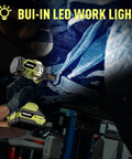 Beefy Half Inch Cordless Impact Wrench With 295 Ft Lbs Torque, built-in LED work light illuminating car components.