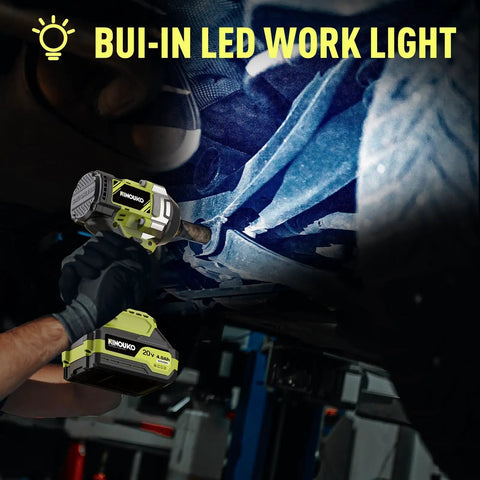 Beefy Half Inch Cordless Impact Wrench With 295 Ft Lbs Torque, built-in LED work light illuminating car components.