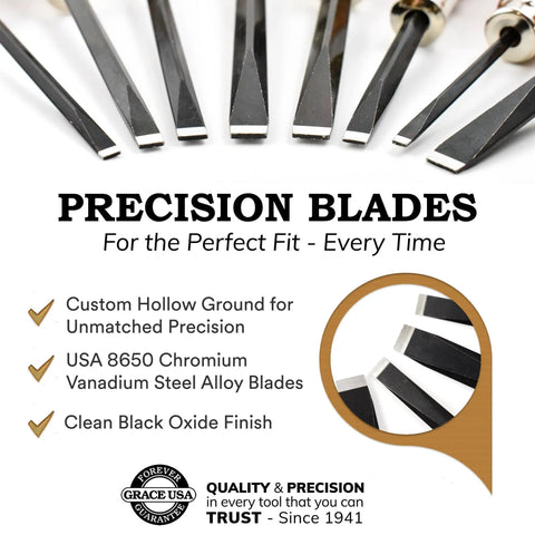 Top Shelf 7 Piece Wood Screwdriver Set With Maine Hardwood Handles And Chrome Vanadium Steel Blades showing precision blades with black oxide finish.